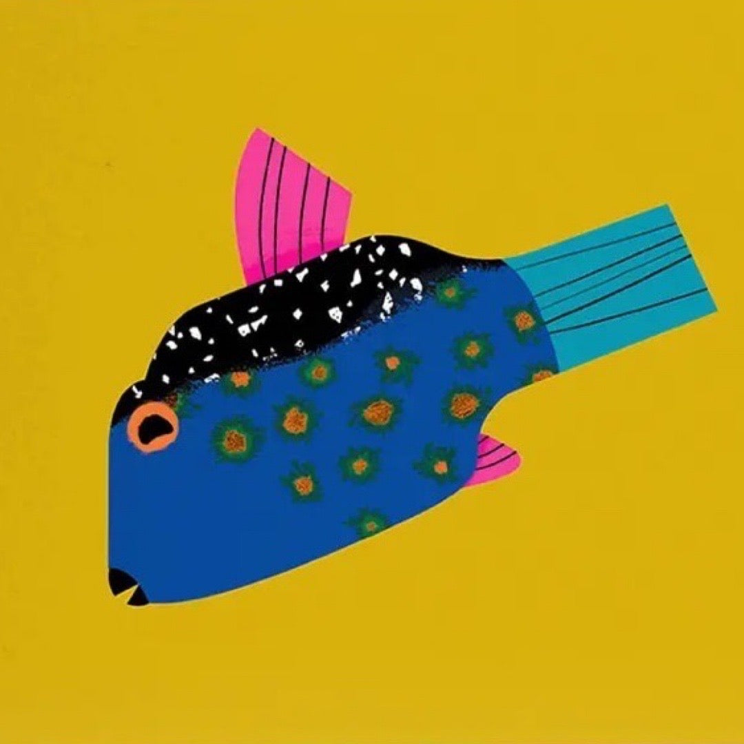 Boxfish illustrated postcard on a bright yellow background.
