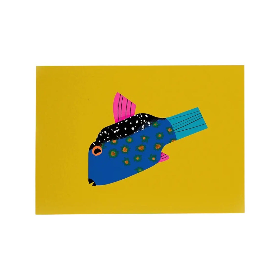 Boxfish illustrated postcard on a bright yellow background.