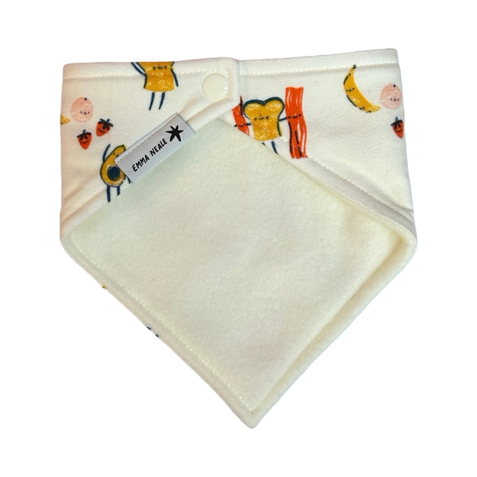 Baby bib with cartoon designs on a white background.