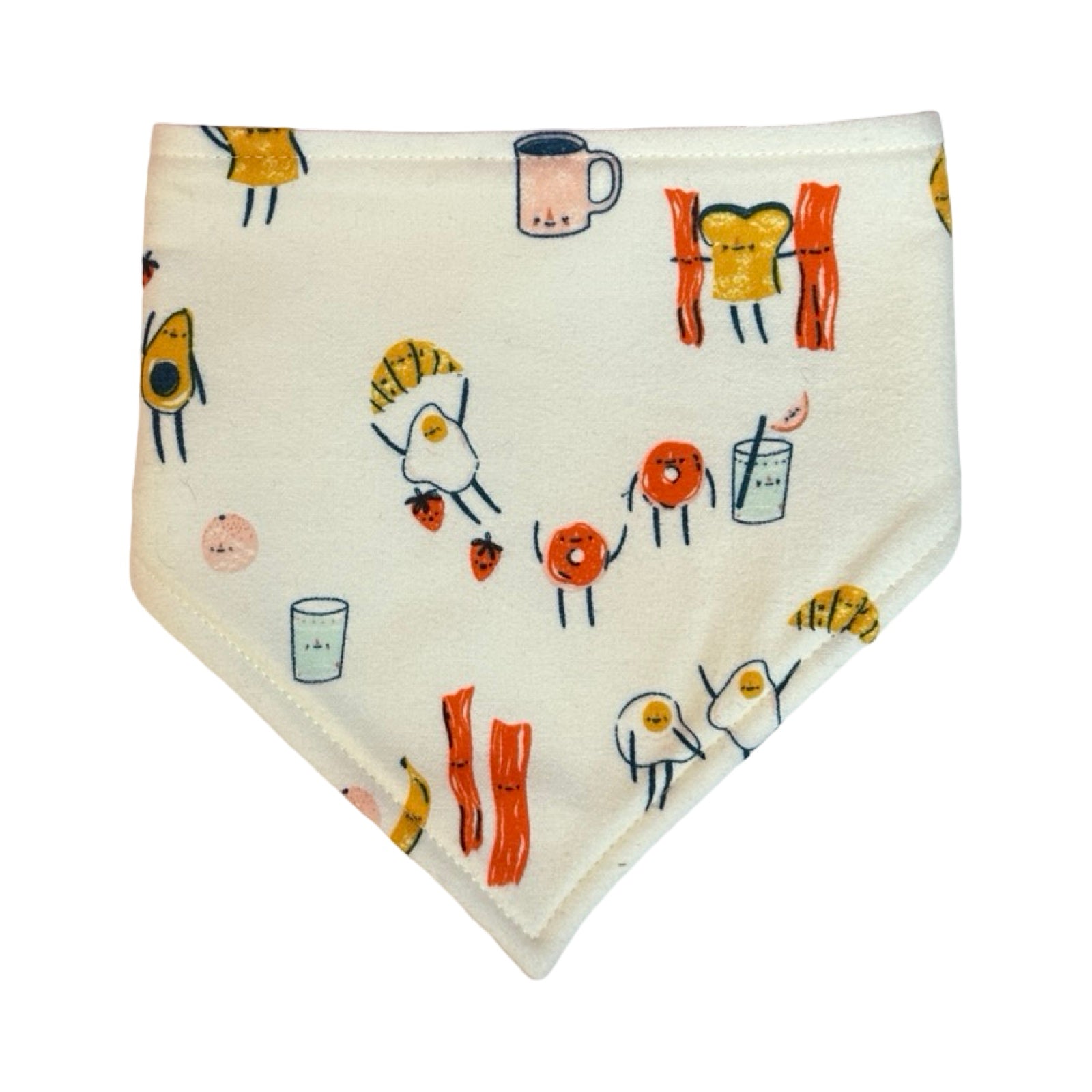 Baby bib with breakfast-themed design on a white background.