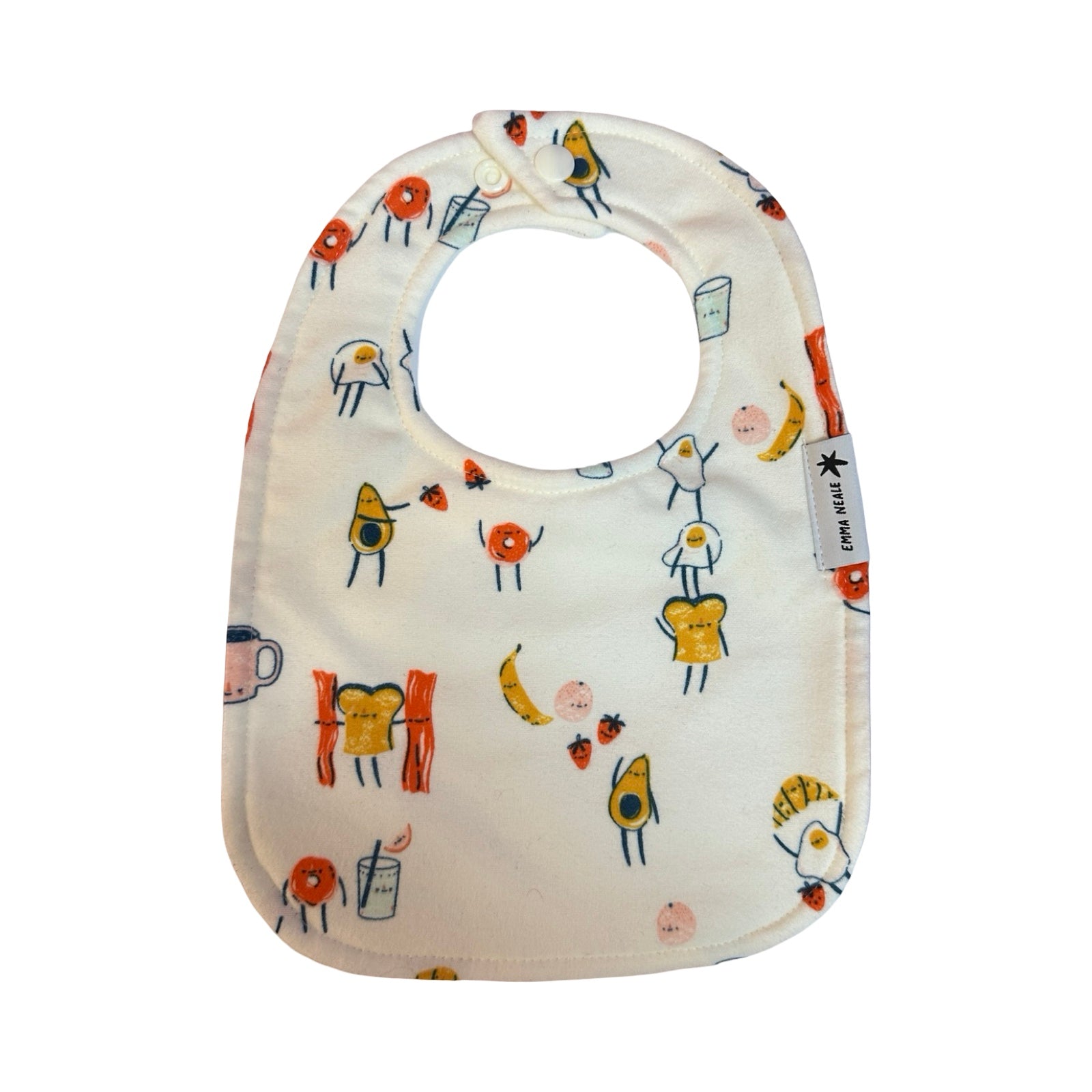 Baby bib with colourful food-themed pattern on a white background.