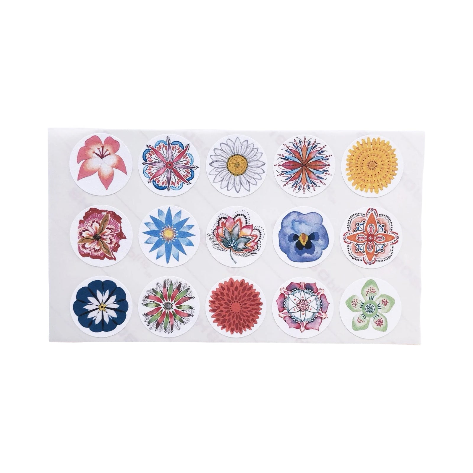 Sheet of floral stickers with various designs on a white background.