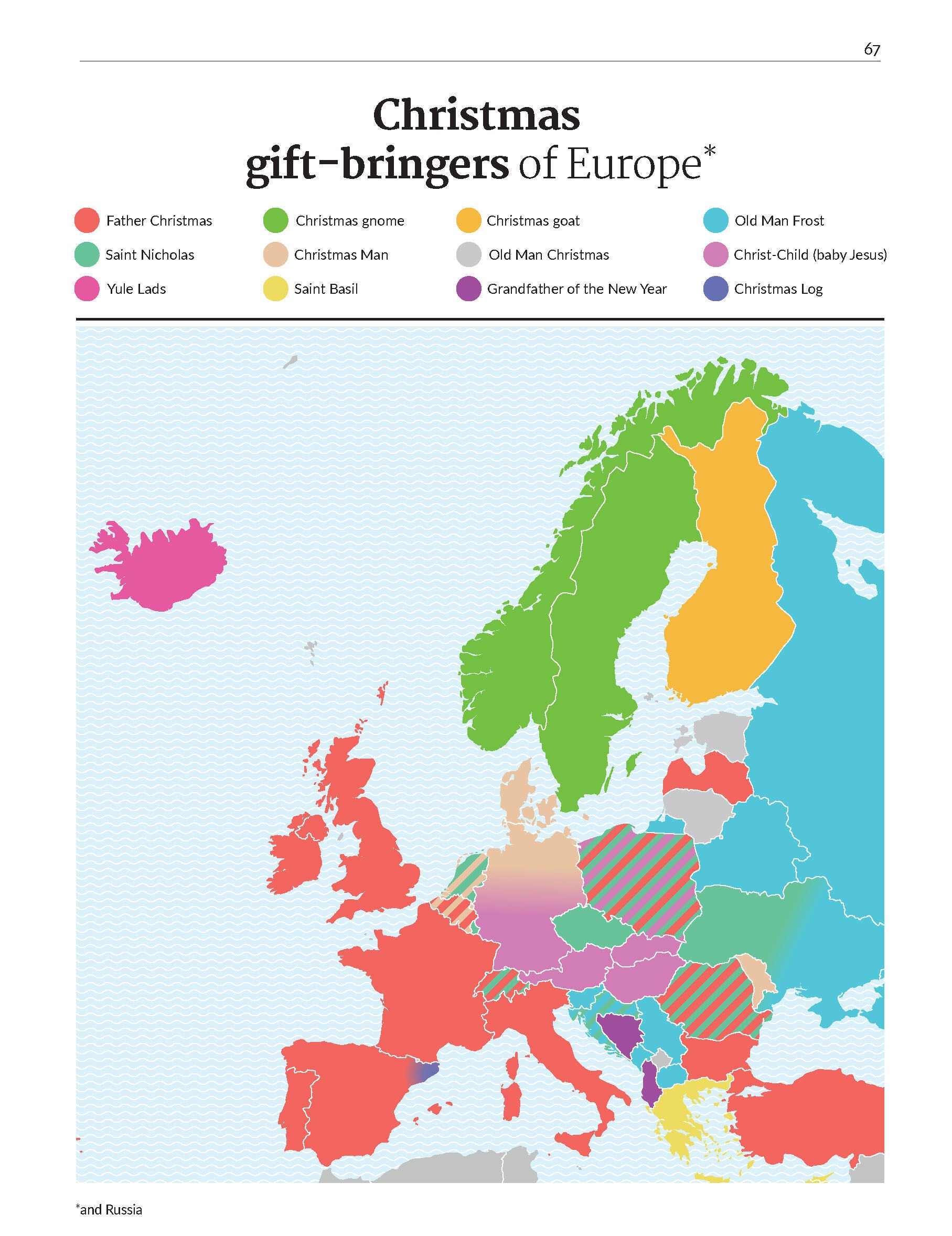 A page from a brilliant maps book showing the Christmas gift givers of Europe