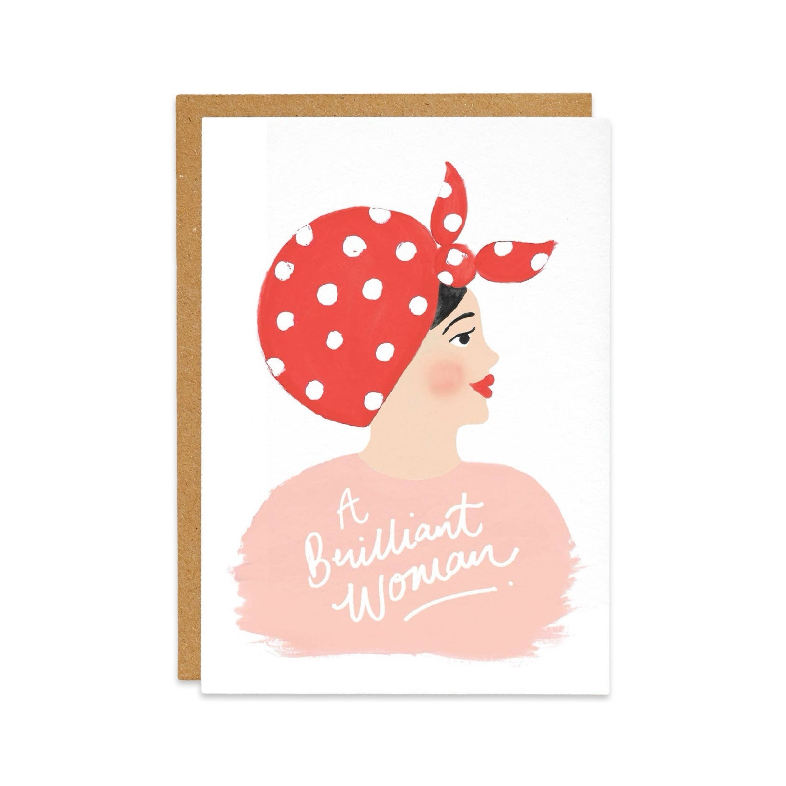 A card featuring a side profile of a girl with black hair wearing a pink jumper and a red and white polka dot scarf in her hair, with the text "A Brilliant Woman". 