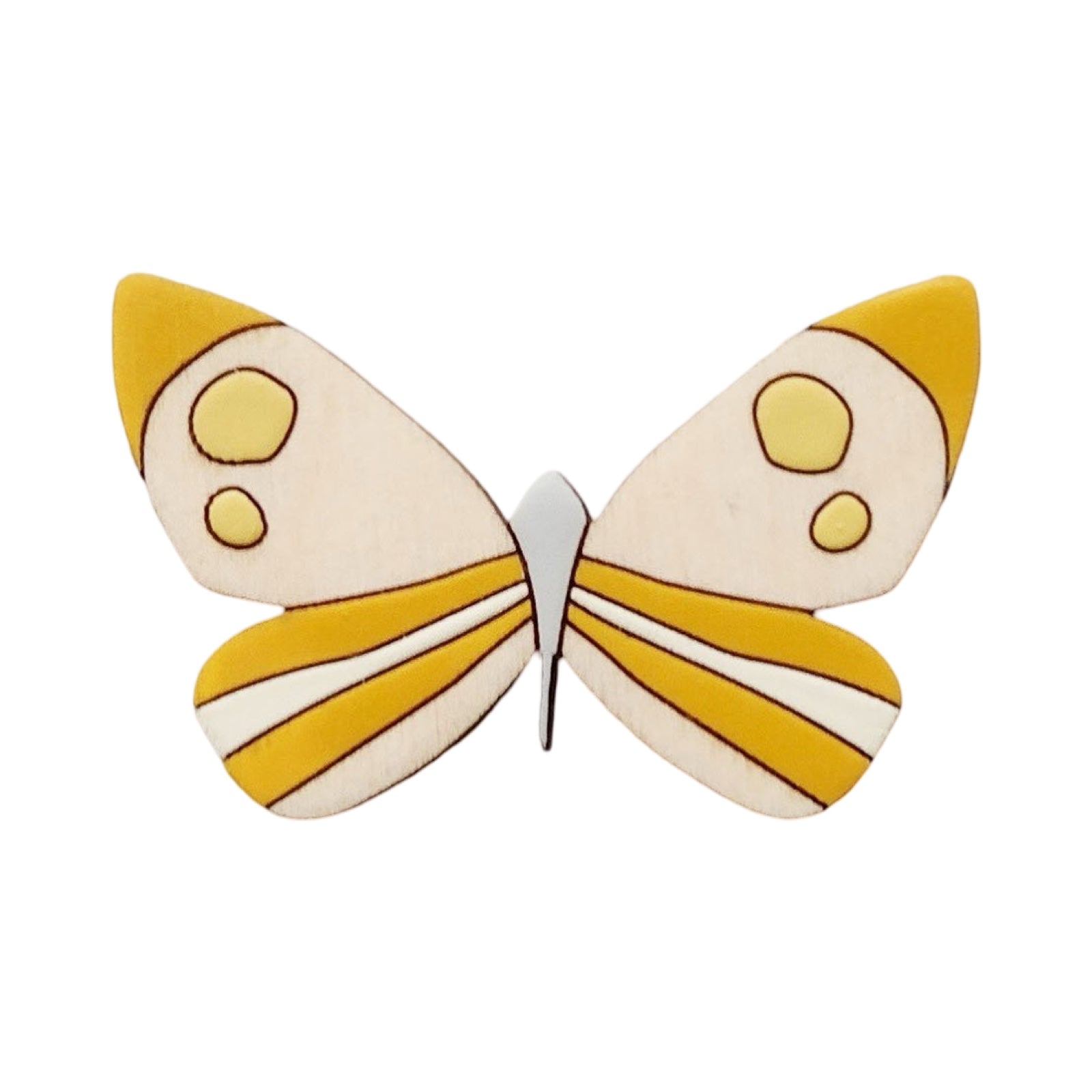 A brimstone butterfly wooden brooch, and-painted with colourful wings in orange, yellow and cream.