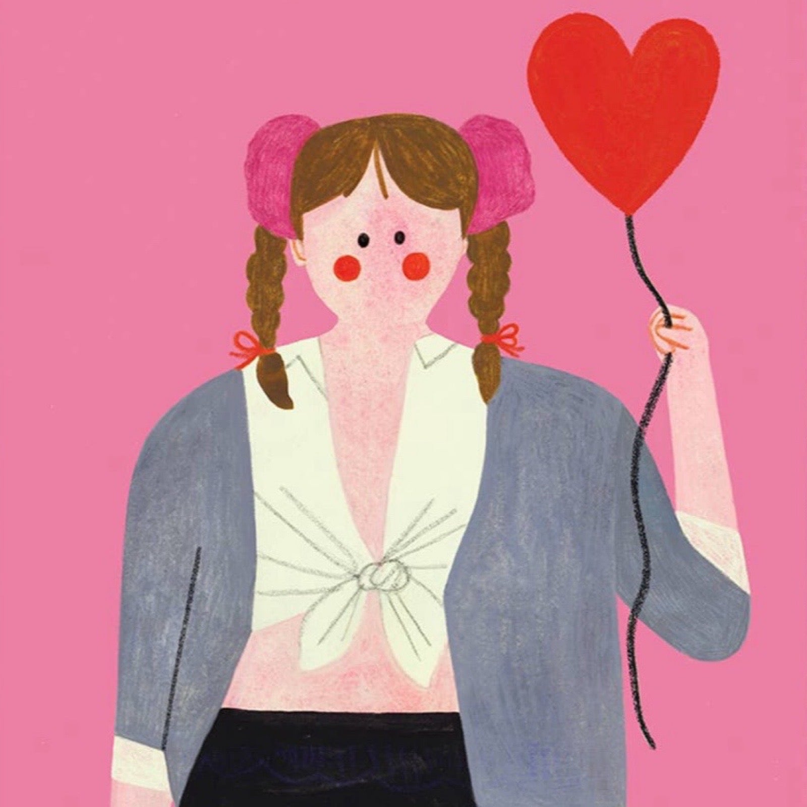 Card with illustration of a girl holding a heart balloon and text 'Oh baby baby' on a pink background.