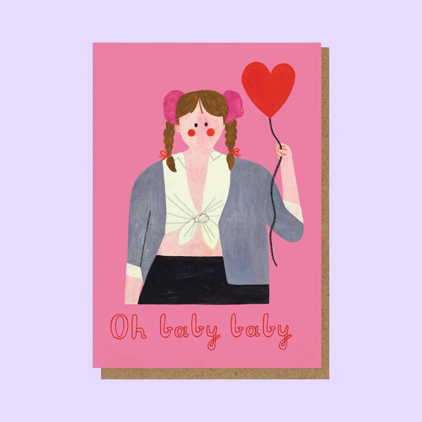 Card with illustration of Britney holding a heart balloon and text 'Oh baby baby' on a pink background.