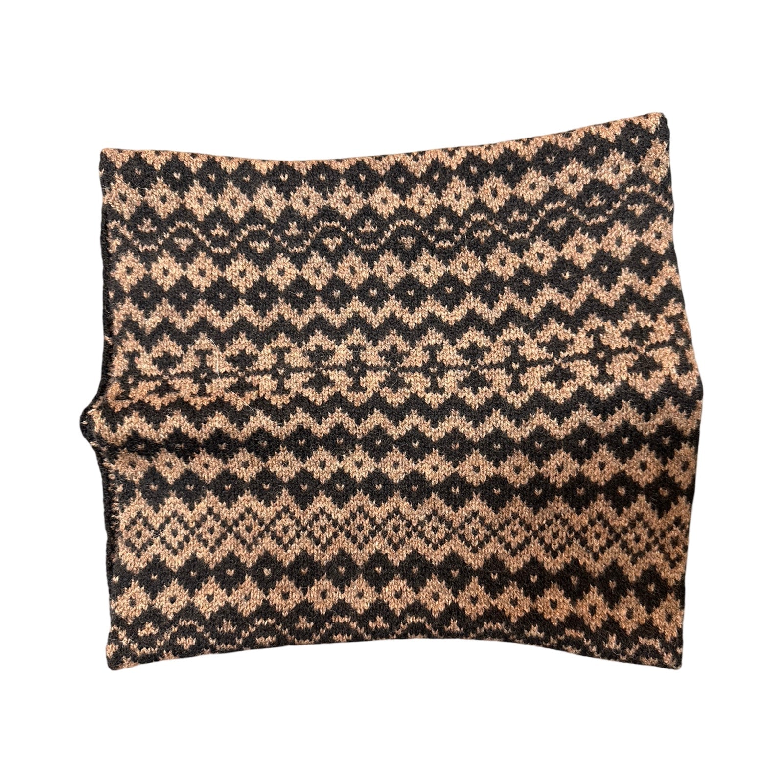 Super soft and cosy 100% lambswool knitted snood in a brown and black geometric stripes design.