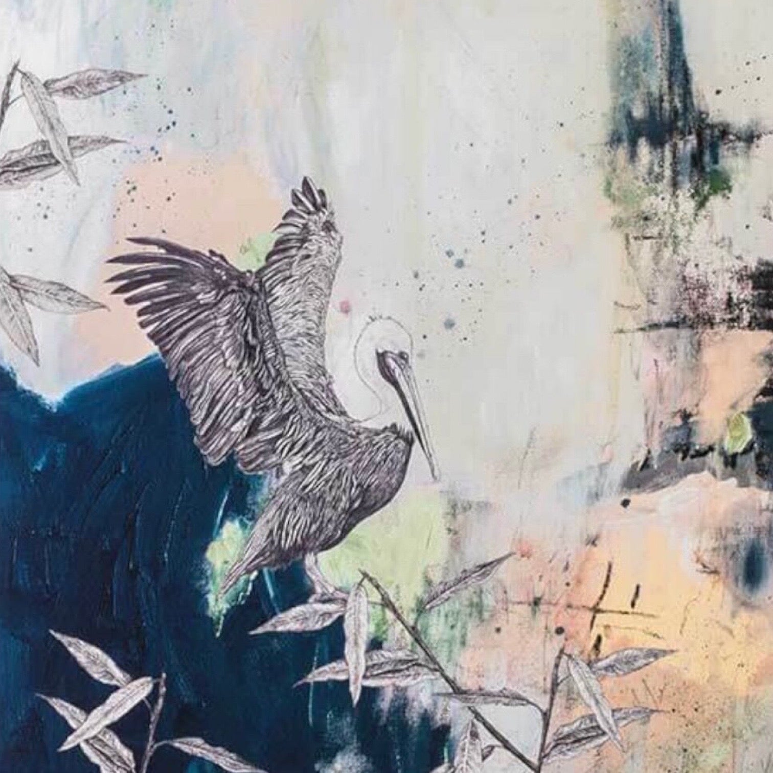 Art print of a bird with abstract watercolor background.