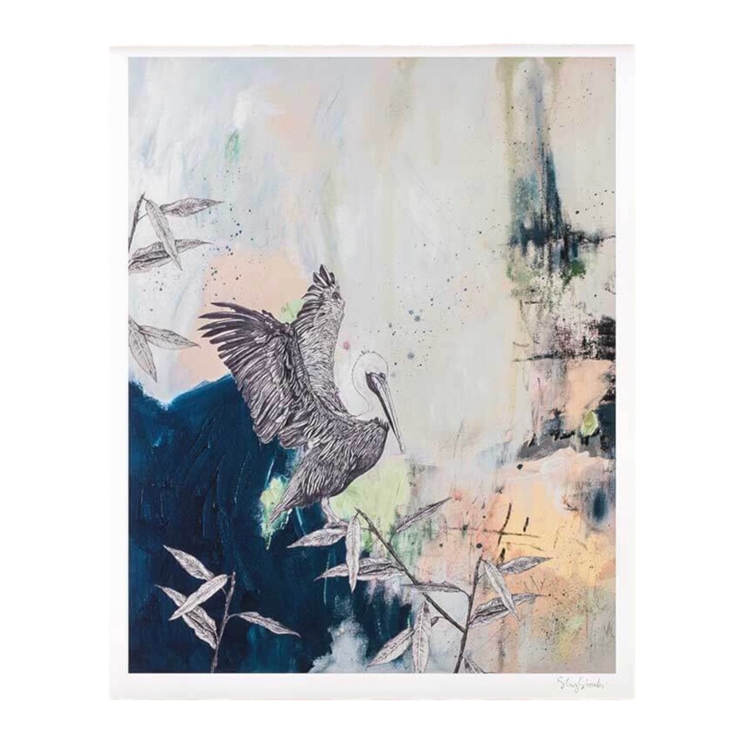 A giclee print featuring a hand-drawn illustration of a brown pelican perched among tropical mango leaves, with an abstract deep blue and hazy pink background.