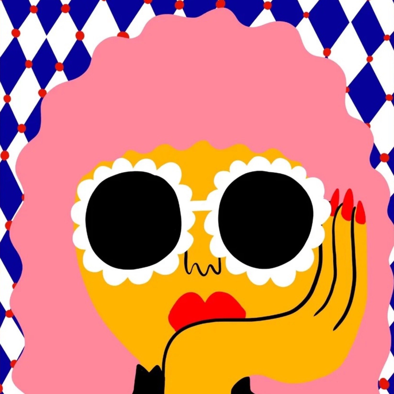 Cartoon character with sunglasses and pink hair on a blue and white checkered background.
