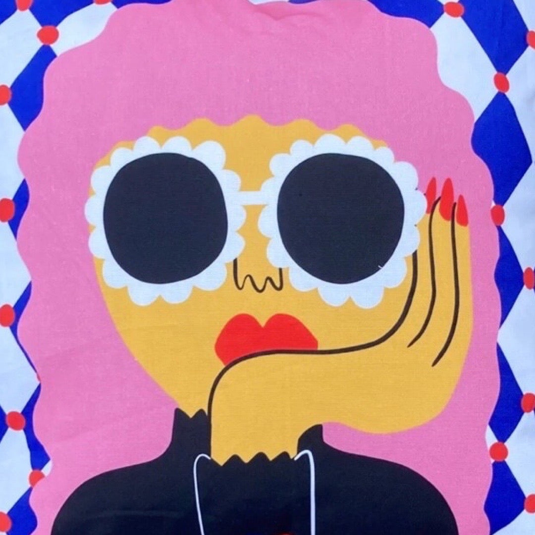 Cartoon character with a yellow face, black sunglasses, and pink hair against a colorful geometric background.