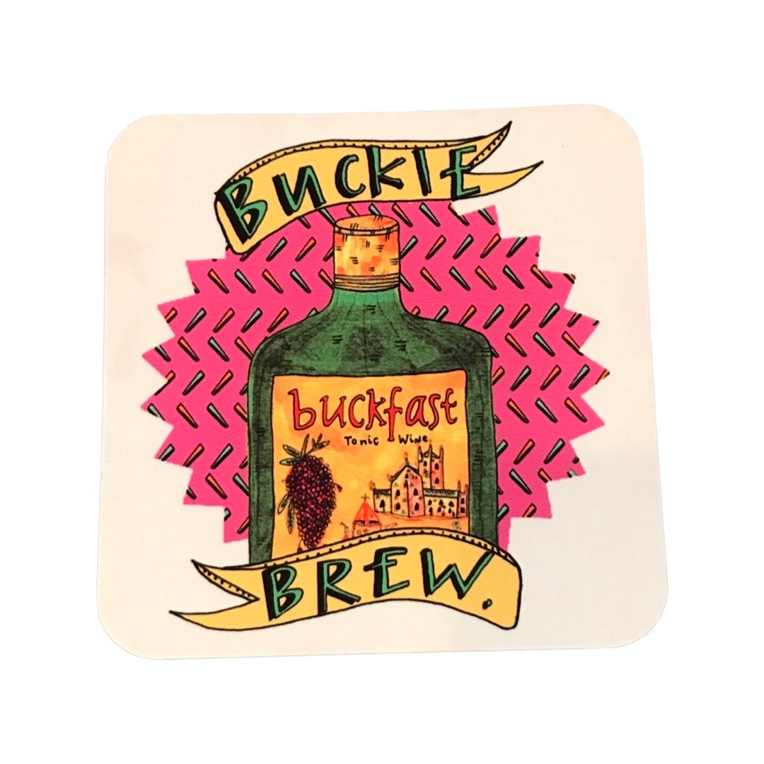 Drinks coaster featuring an illustration of one of Scotlands other national drinks Buckfast and the text 'Buckie Brew' inside banners above and below the bottle.