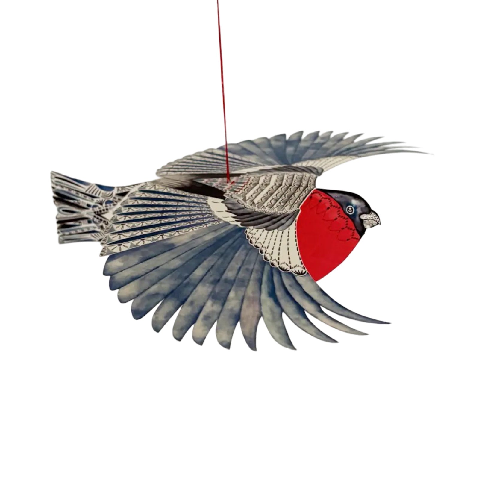 Decorative bird ornament with red breast and gray wings on a white background.