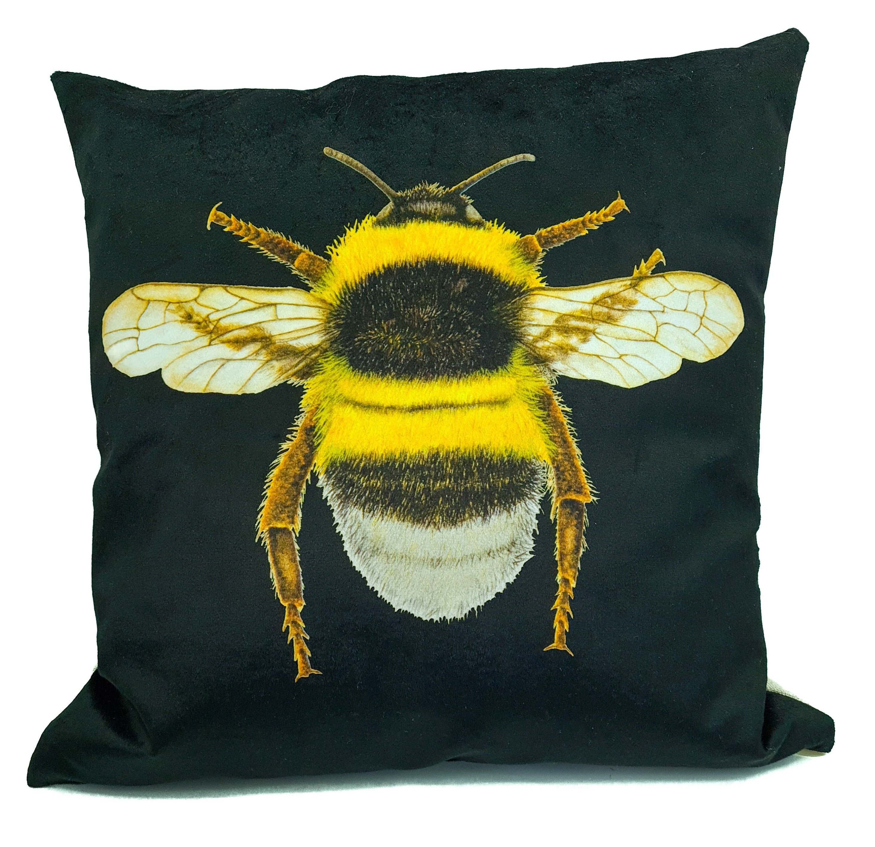 Black velvet cushion with a bumblebee on the front.