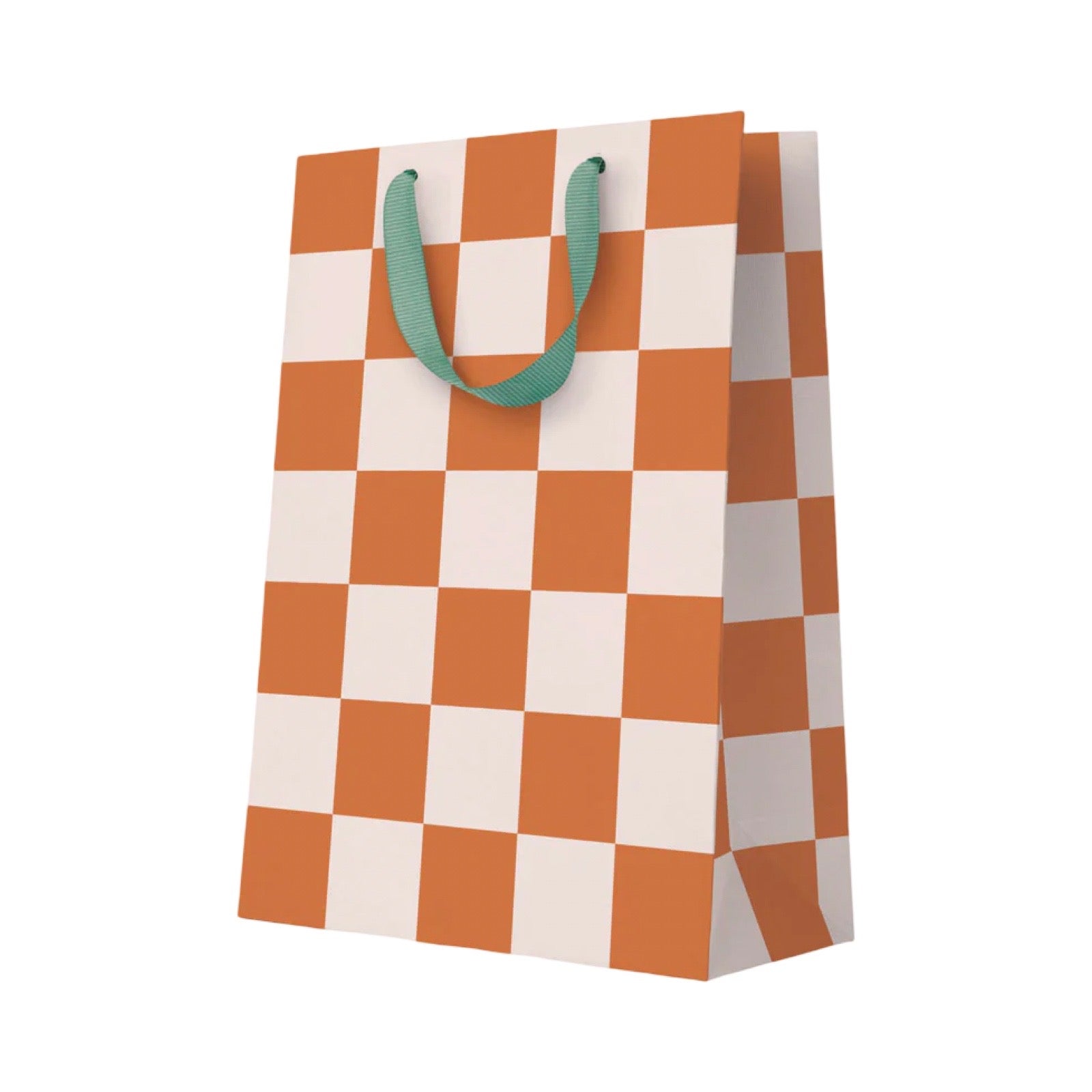 A paper shopping bag with an orange and white checkerboard pattern and mint green twisted paper handles, shown on a plain white background.