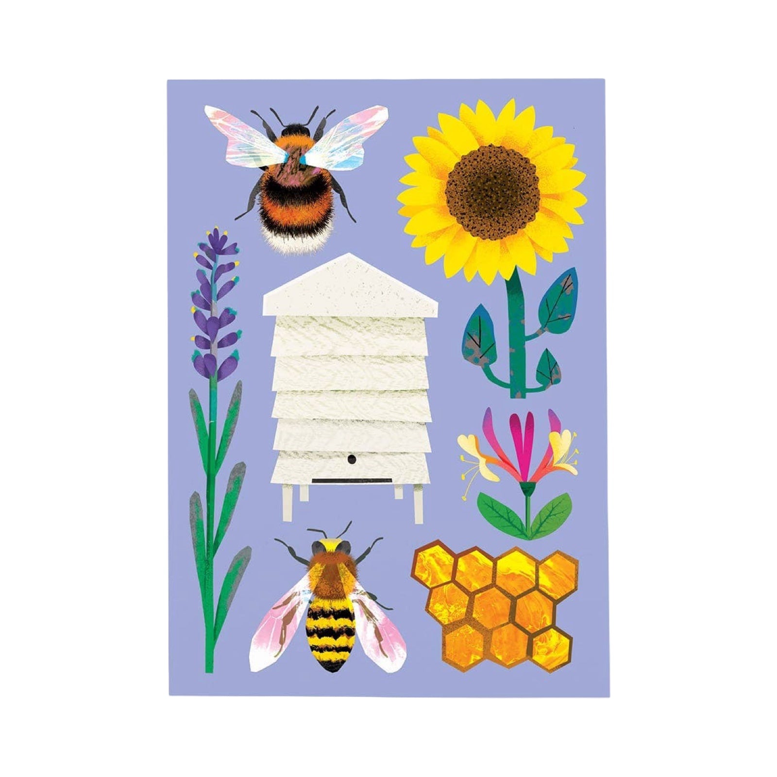 Postcard with bees, sunflower, lavender, beehive, and honeycomb on a purple background.