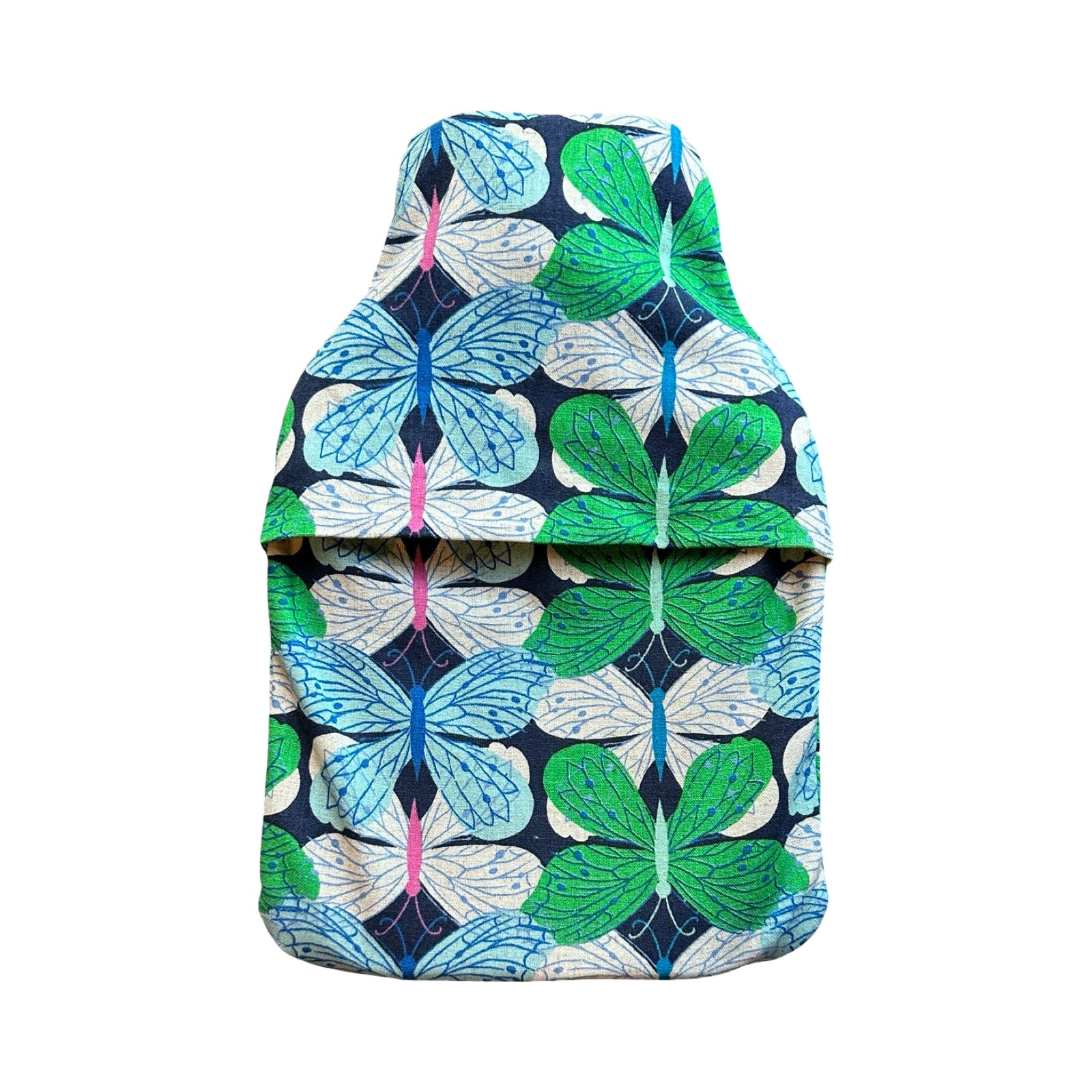 This hot water bottle cover is made from a layer of navy canvas with a butterfly pattern on the outside, a layer of green cotton on the inside and a cosy felt layer in the middle.