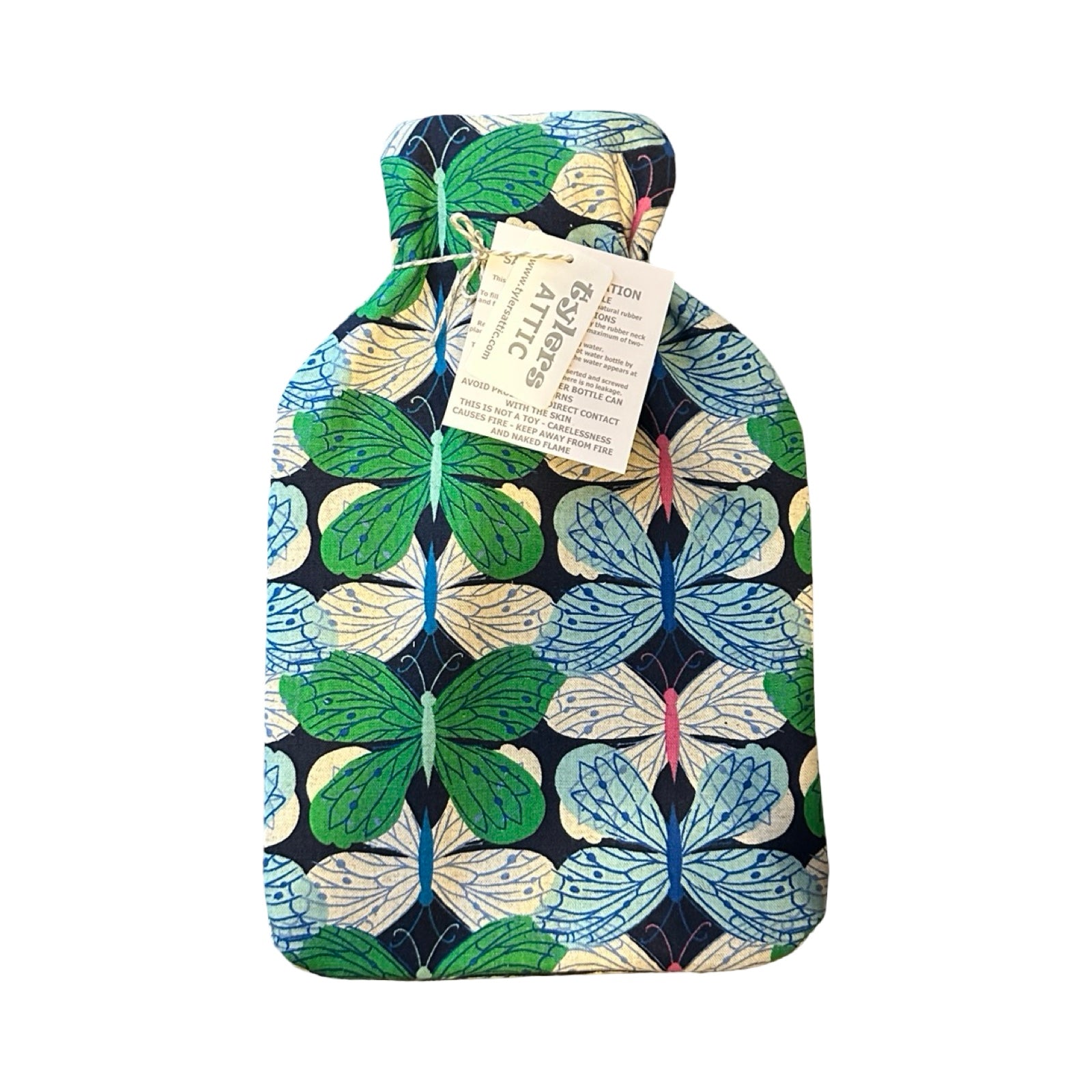 This hot water bottle cover is made from a layer of navy canvas with a butterfly pattern on the outside, a layer of green cotton on the inside and a cosy felt layer in the middle.