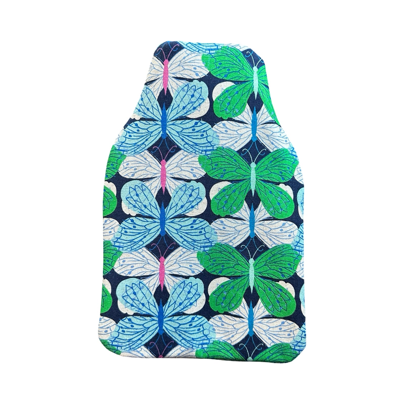 This hot water bottle cover is made from a layer of navy canvas with a butterfly pattern on the outside, a layer of green cotton on the inside and a cosy felt layer in the middle.