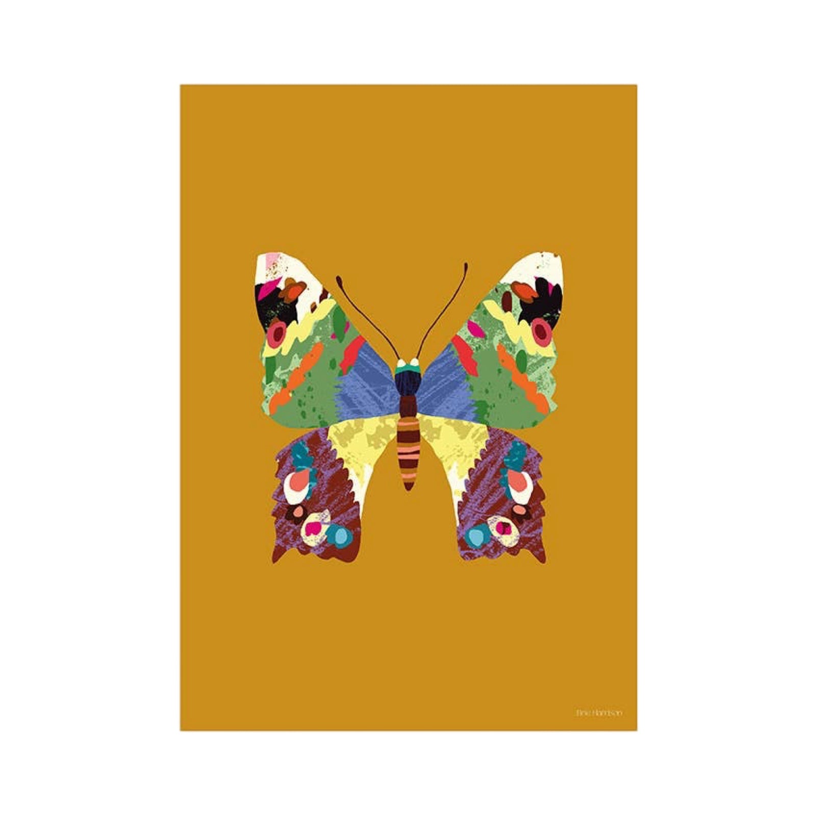 Print of a multicoloured butterfly on a mustard background.