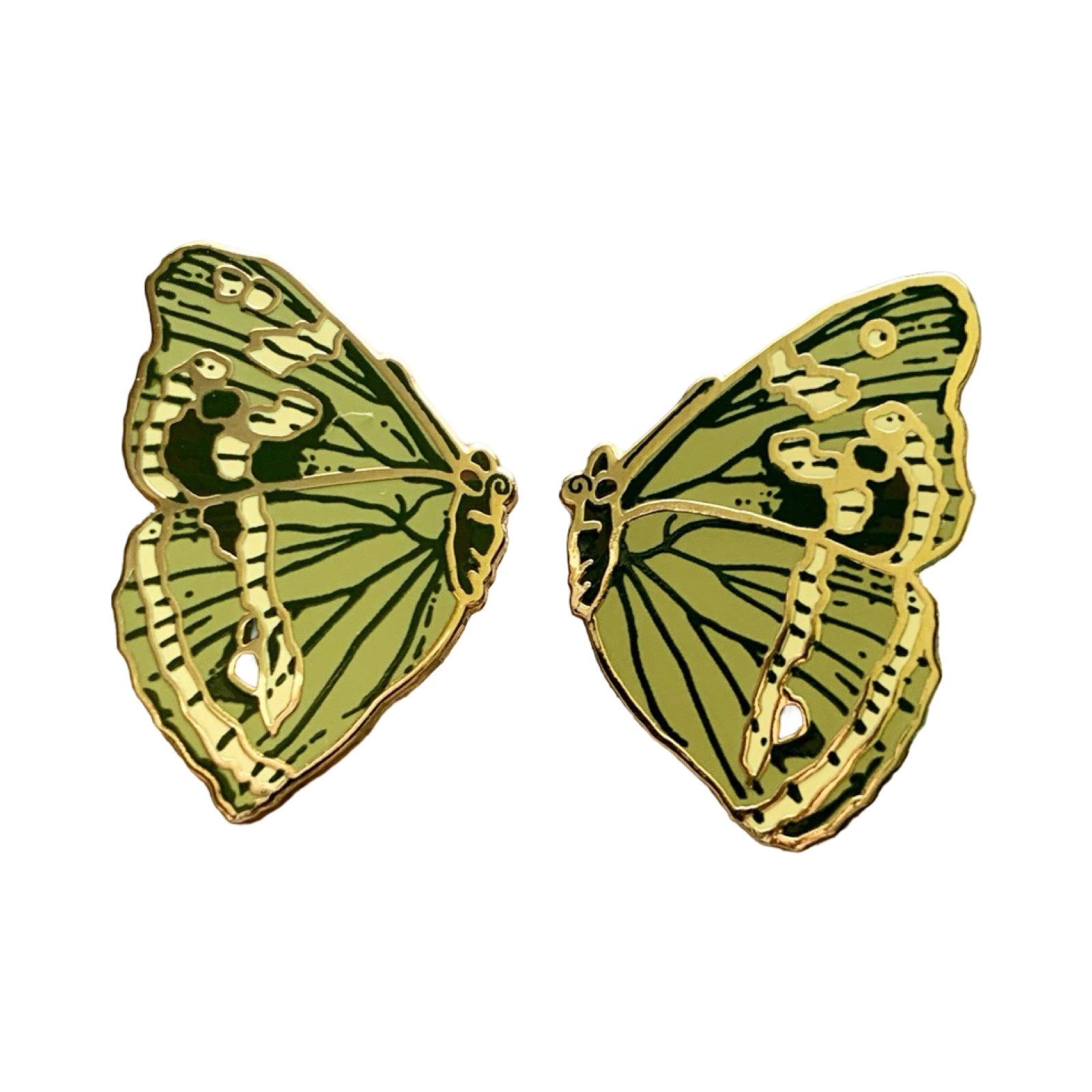 Butterfly-shaped pin badges with green and gold design on a white background.