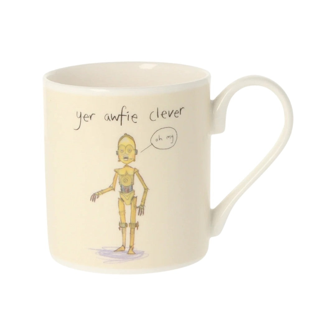 'Yer Awfie Clever' china mug featuring an illustration of C3PO.