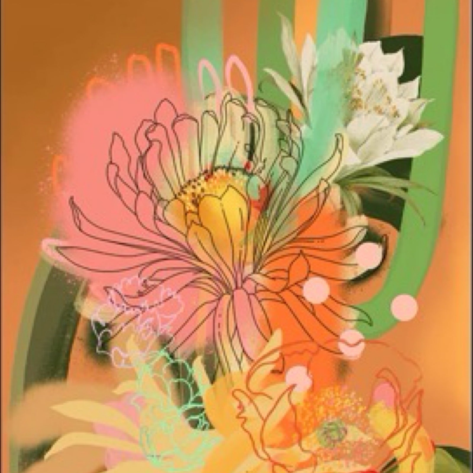 An abstract botanical print featuring blooming cacti in orange, pink and yellows.