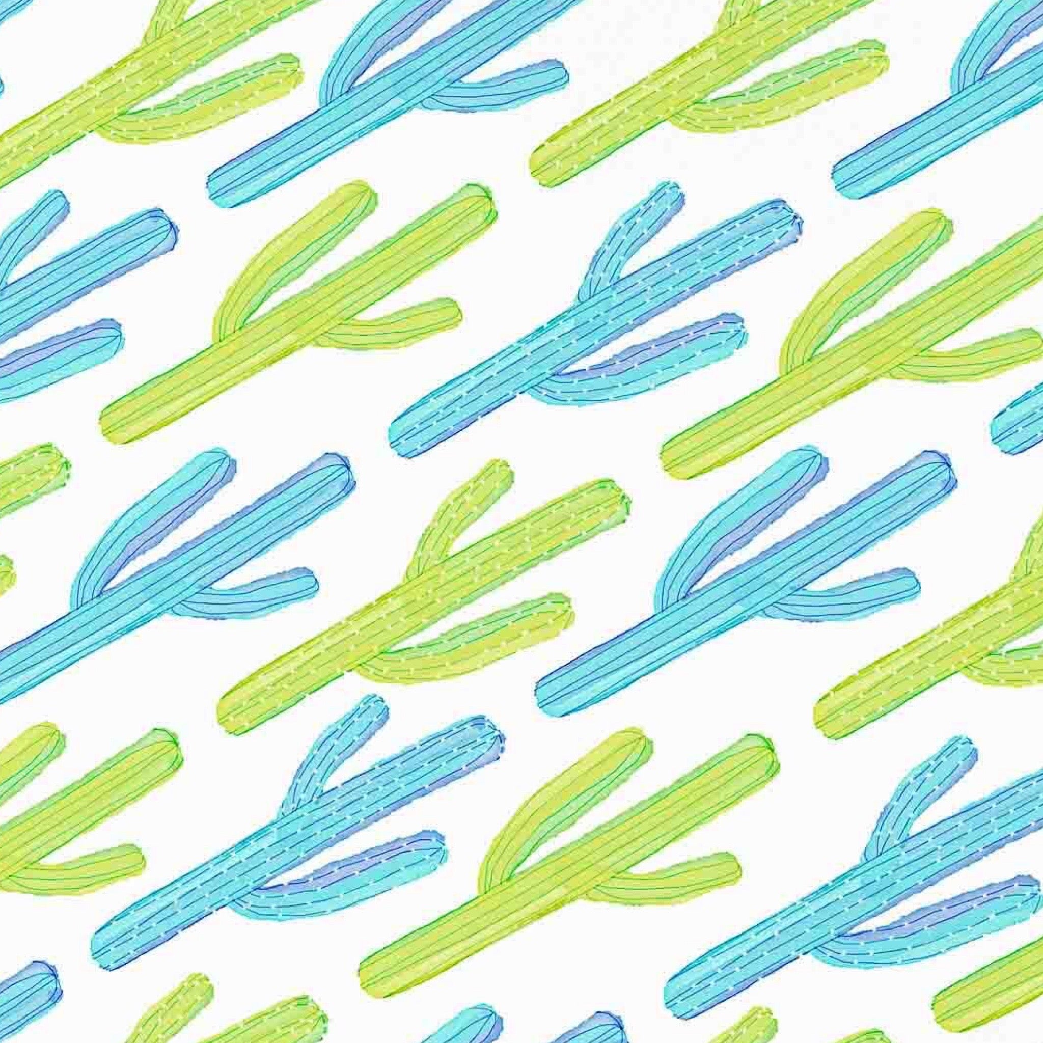 Pattern of blue and green cacti on a white background.