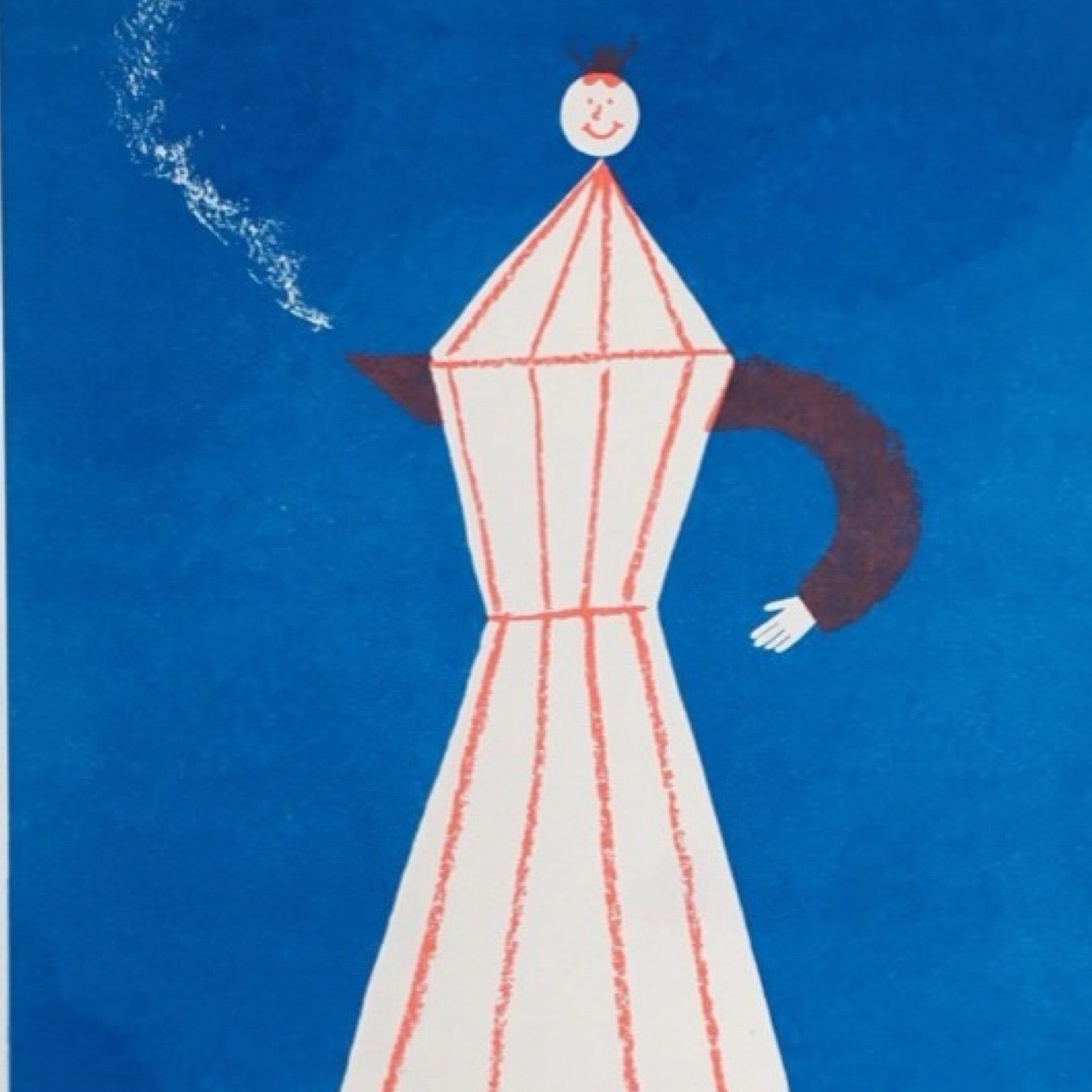 Risograph print, of a white and red striped coffee pot against a blue background.