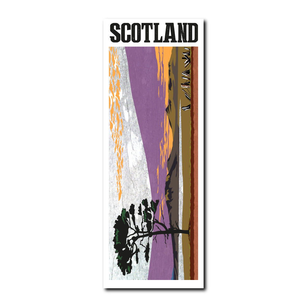 Bookmark featuring a panoramic landscape illustration of mountains and lochs in Caithness, Scotland