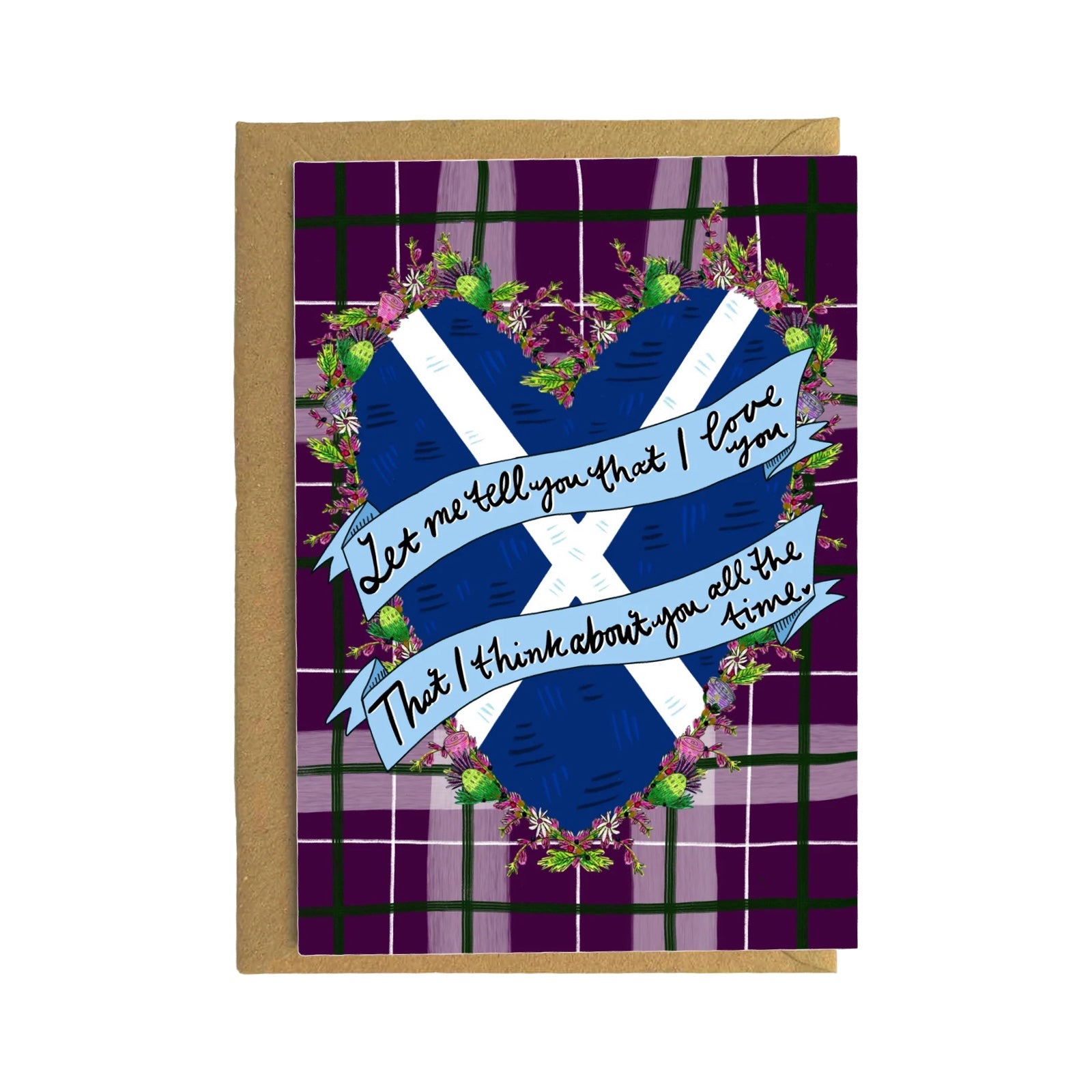 Greetings card with the lyrics of 'Caledonia' across a saltire heart, on a purple tartan background.