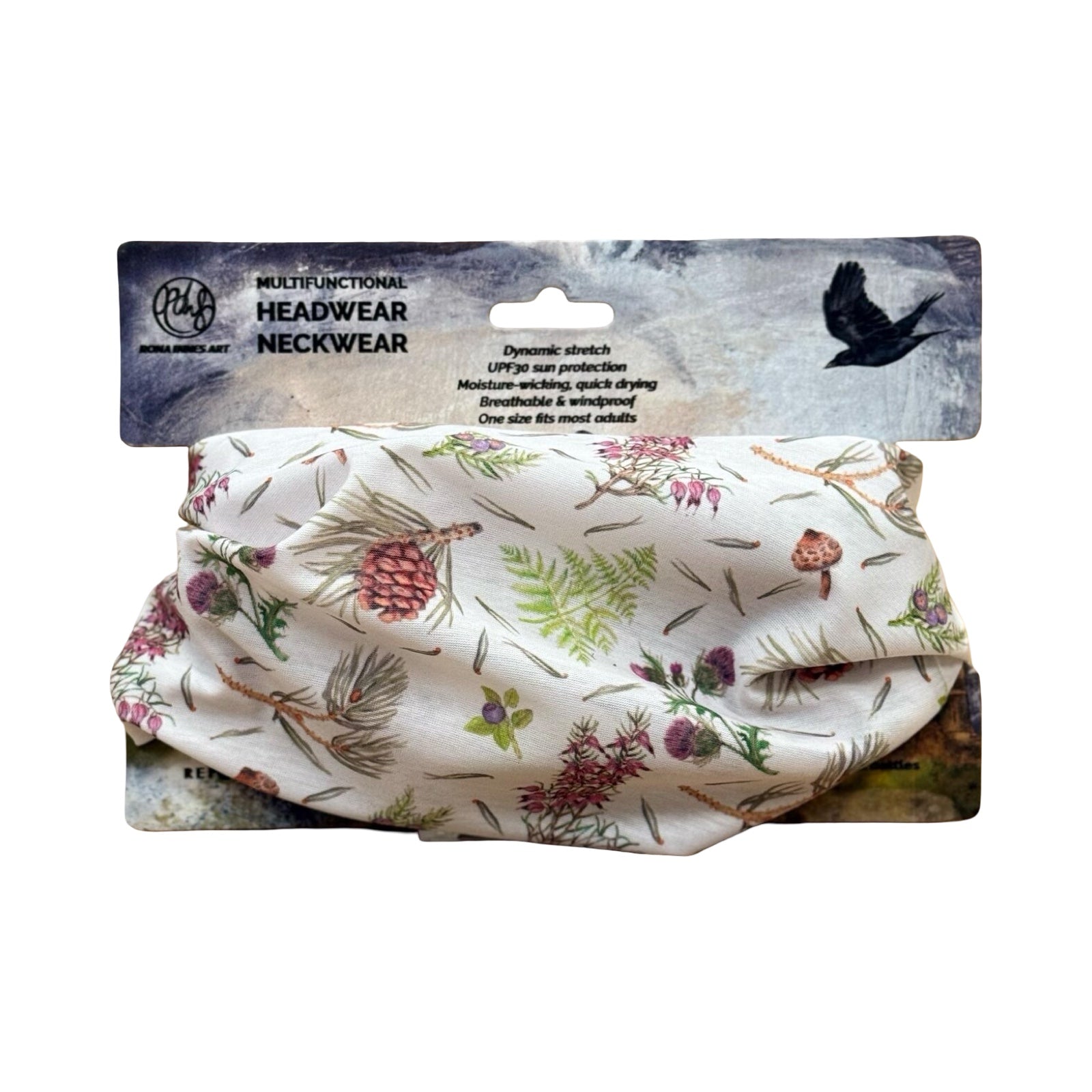 A neck warmer featuring illustrations of thistles, acorns and foliage. 