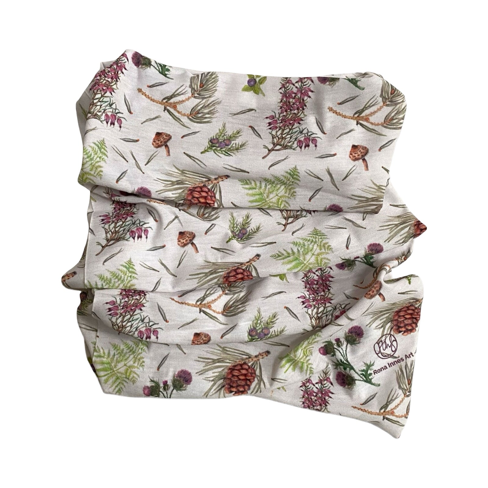 A neck warmer featuring illustrations of thistles, acorns and foliage. 