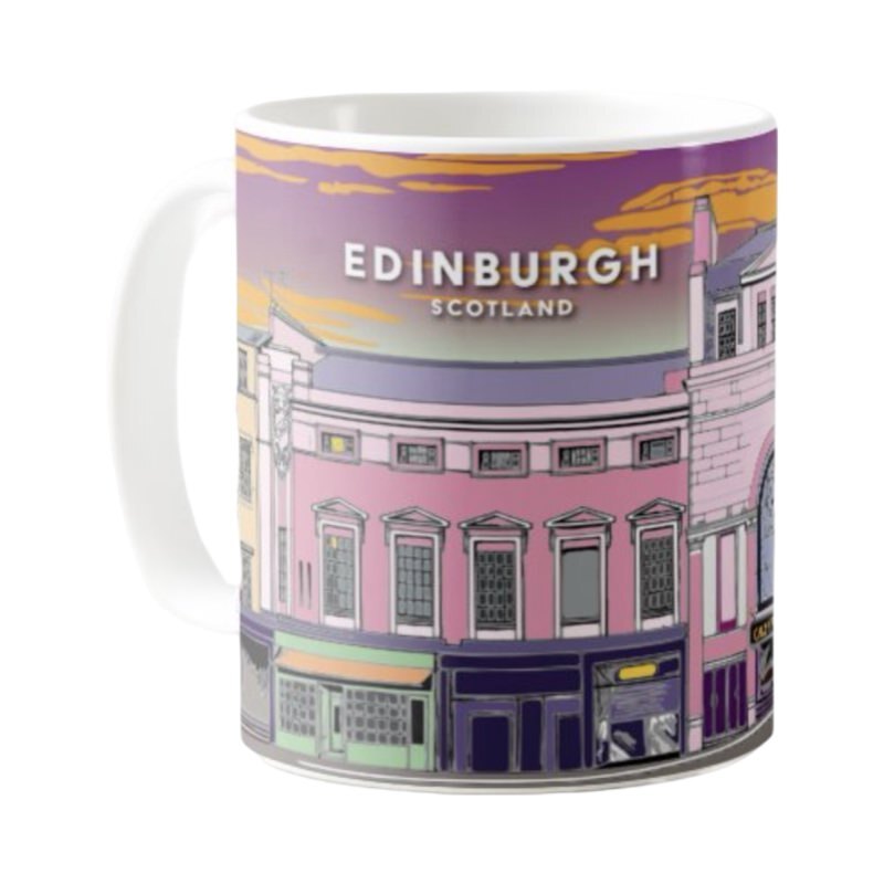 This mug features a striking panoramic artwork of the Caley Picture House on Lothian Road in Edinburgh