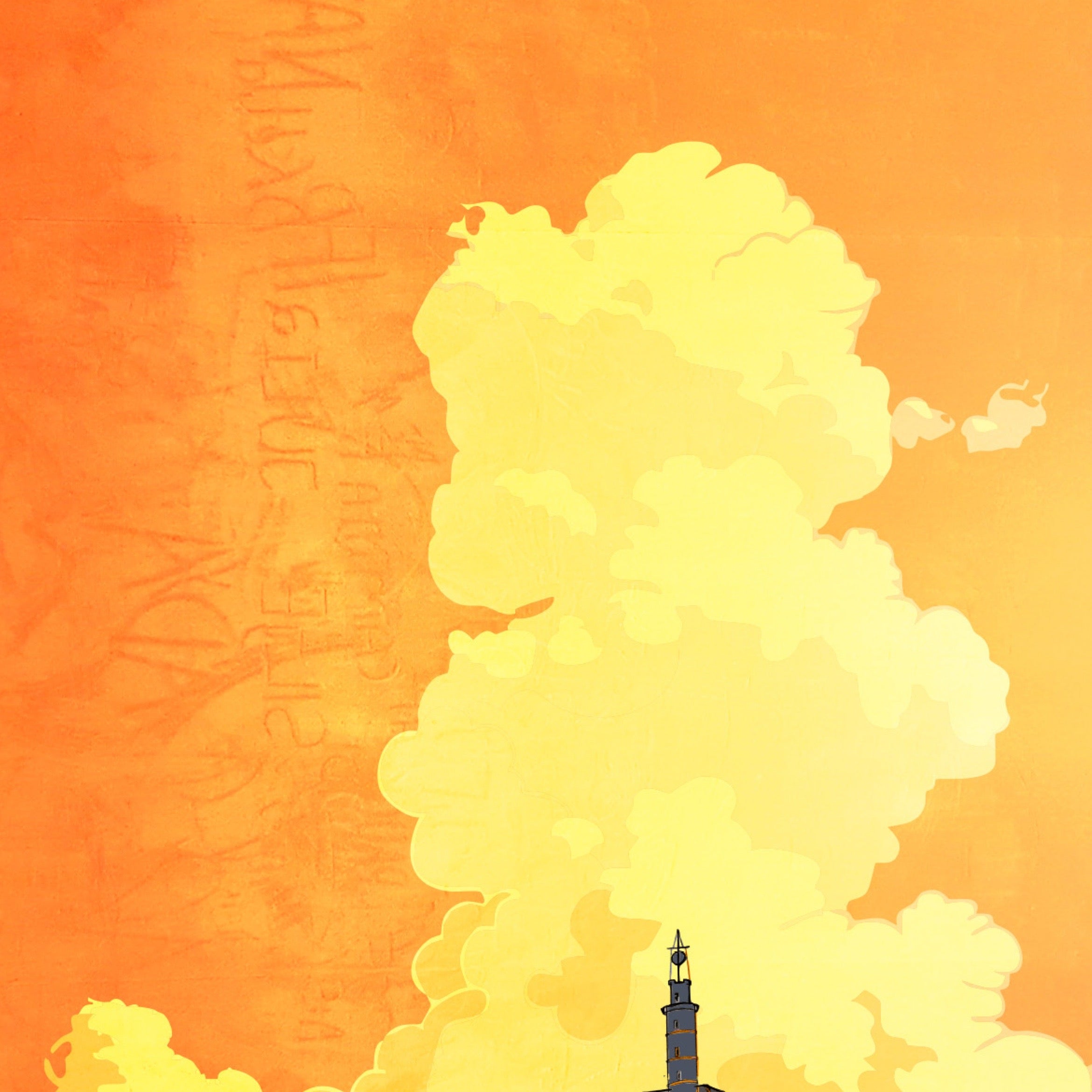 Illustration of a yellow cloud with a building silhouette against an orange background.