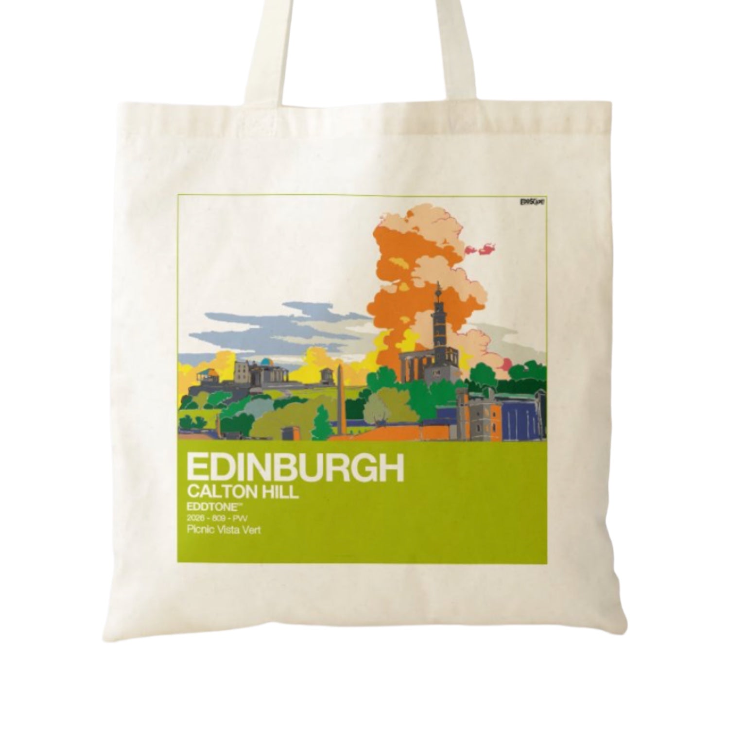 This tote bag features a square design of an illustration of Arthur's Seat, Edinburgh