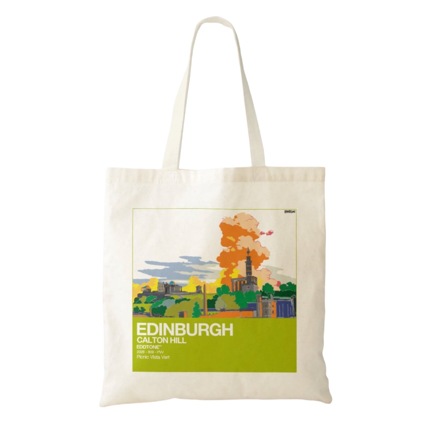 This tote bag features a square design of an illustration of Arthur's Seat, Edinburgh