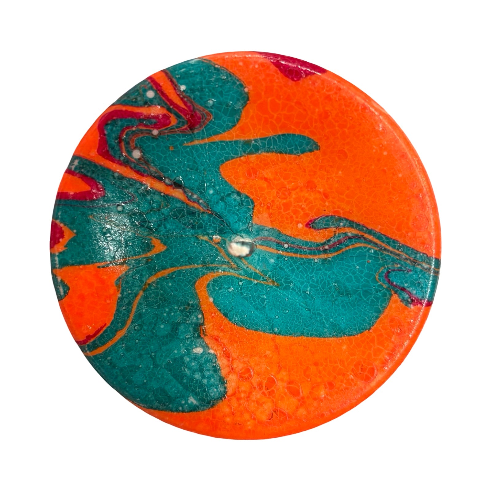 Eye-catching unscented pillar candle hand-poured with soy wax and dip-dyed in teal, dark pink and orange creating the marble swirl. 