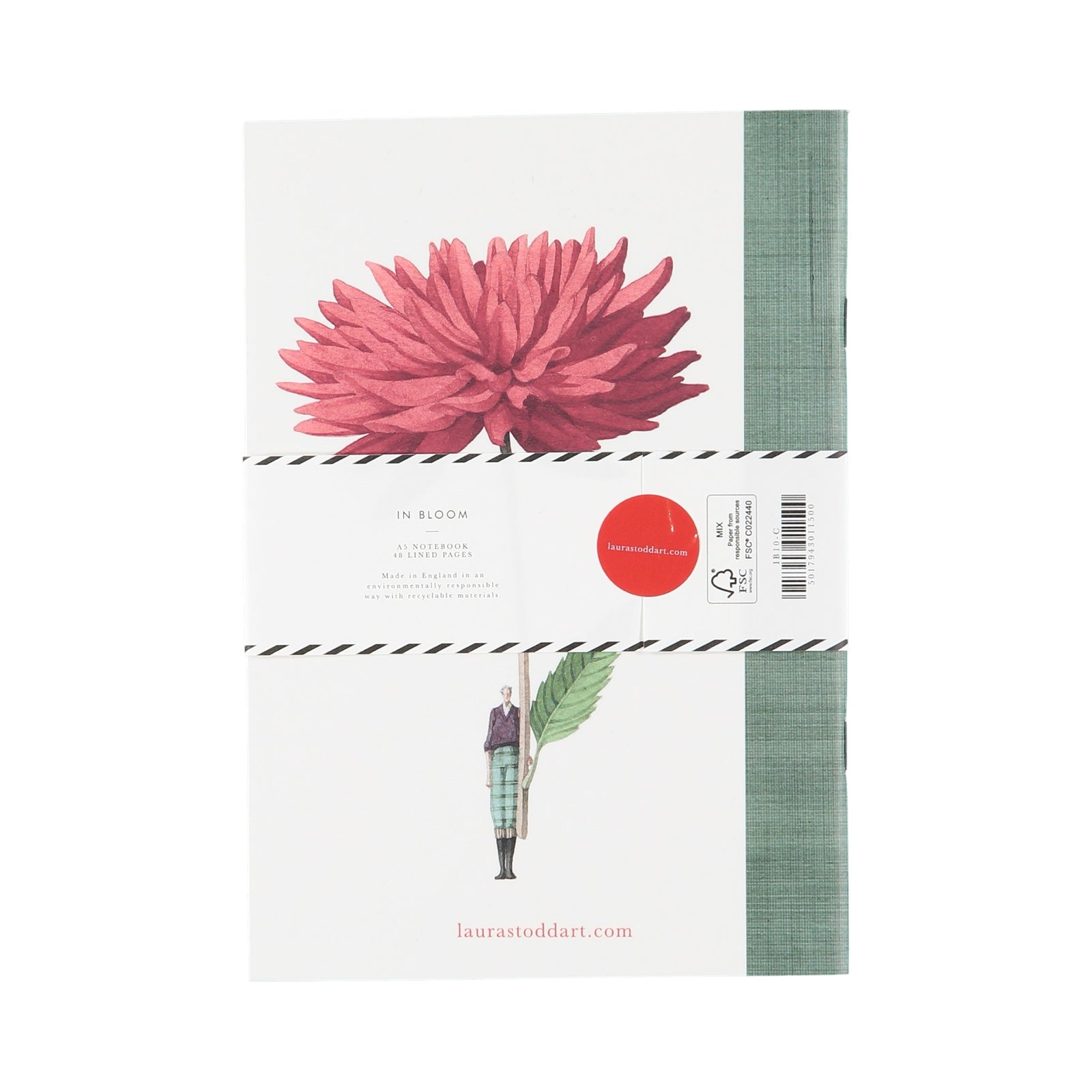 Back of a slim notebook featuring a man holiday a giant pink dahlia.