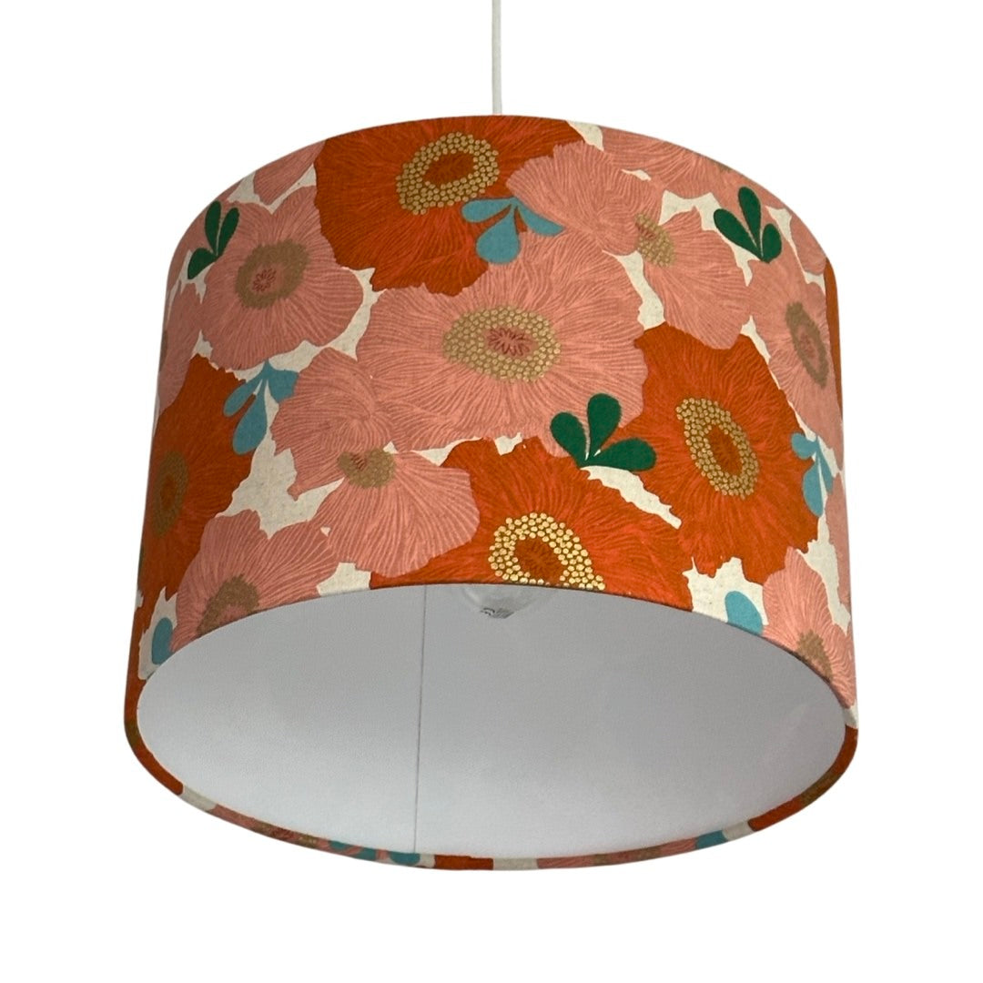 Cream drum lampshade with orange and coral flowers with green leaves and gold detail