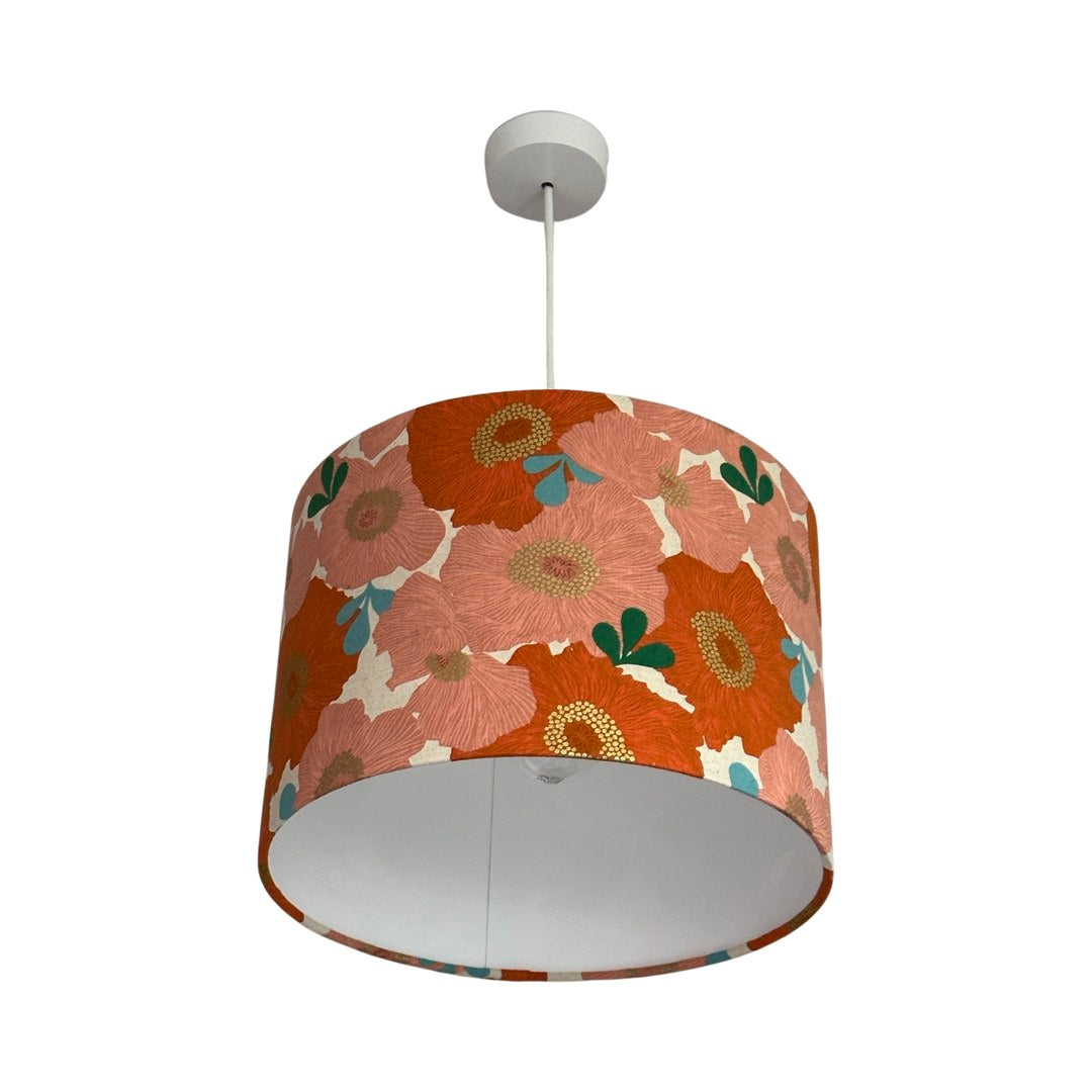 Cream drum lampshade with orange and coral flowers with green leaves and gold detail