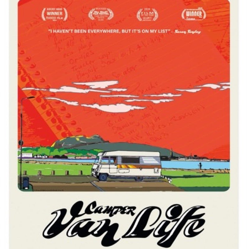 This print features a movie poster design with an illustration of a camper van parked near the beach with hills behind. Features Musselburgh with Edinburgh in the background
