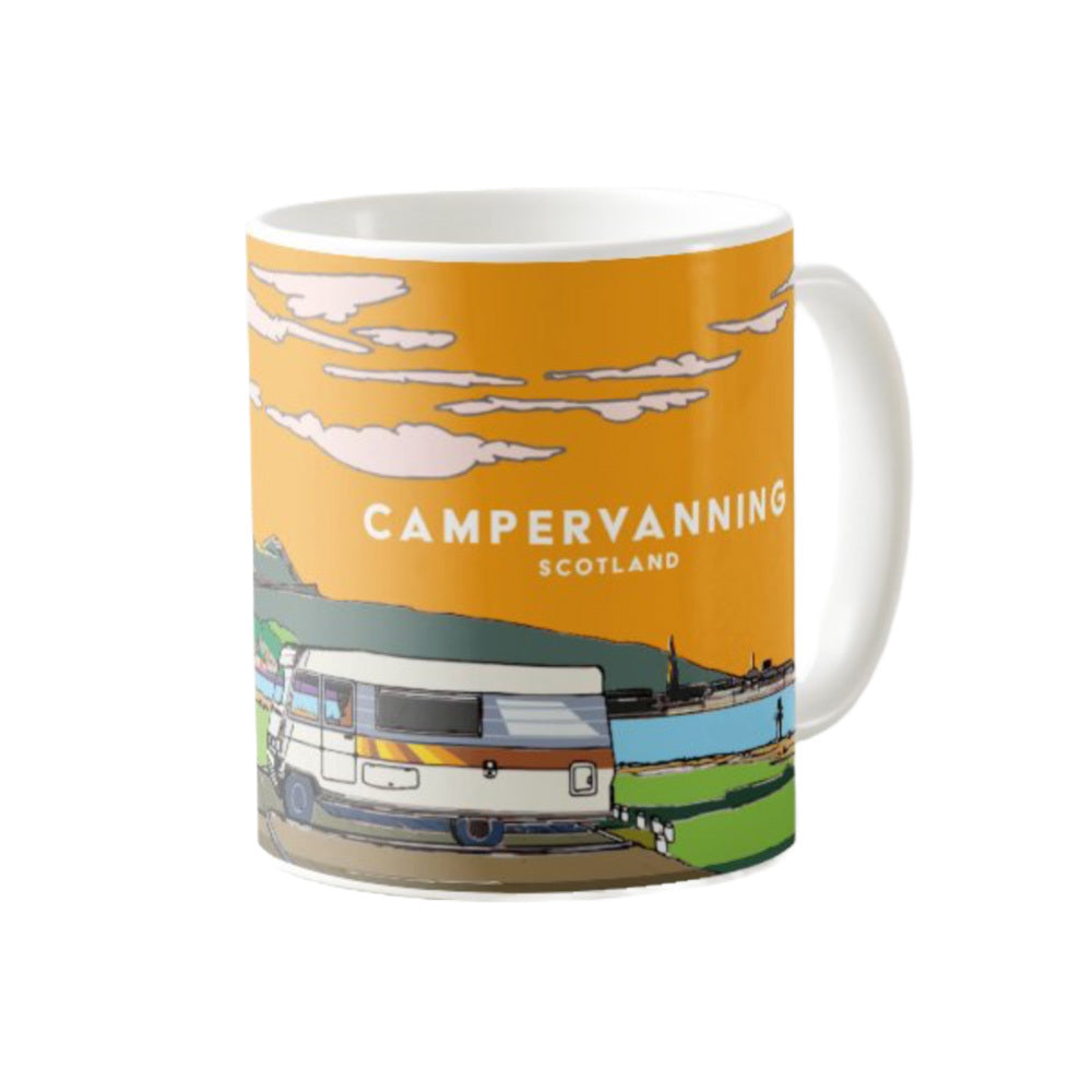 Classic mug featuring a striking panoramic artwork of a retro camper van park by the beach with the Edinburgh skyline at sunset