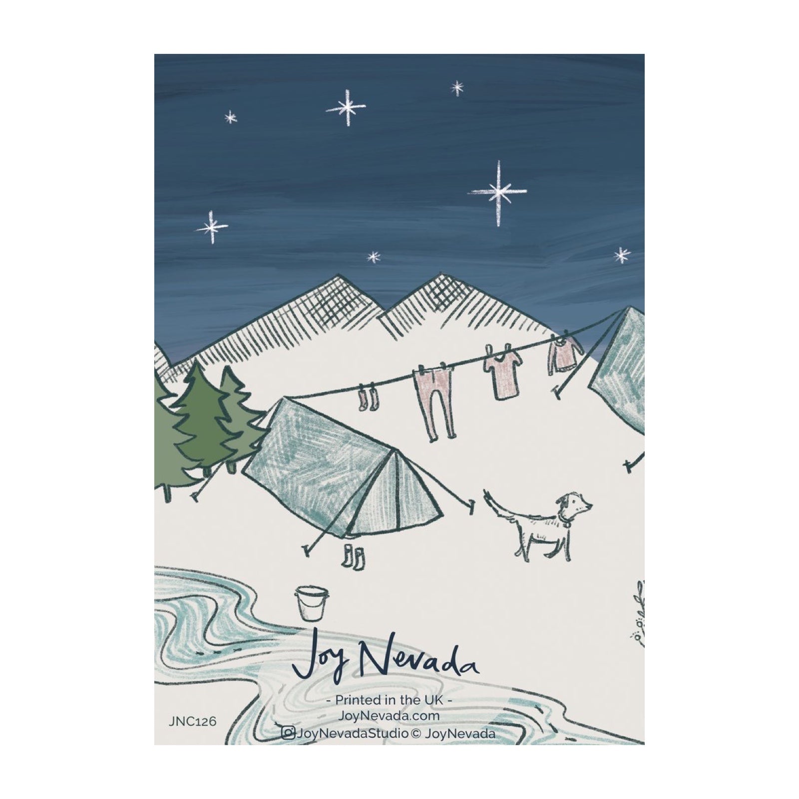 The back of a Joy Nevada card featuring an illustration of a campsite in the woods.