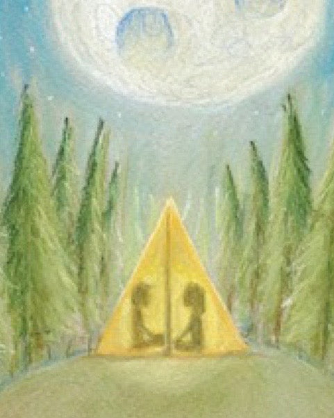 A beautiful print of a couple of children in a yellow tent camping out in the woods under the moon. 