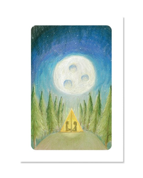 A beautiful print of a couple of children in a yellow tent camping out in the woods under the moon. 