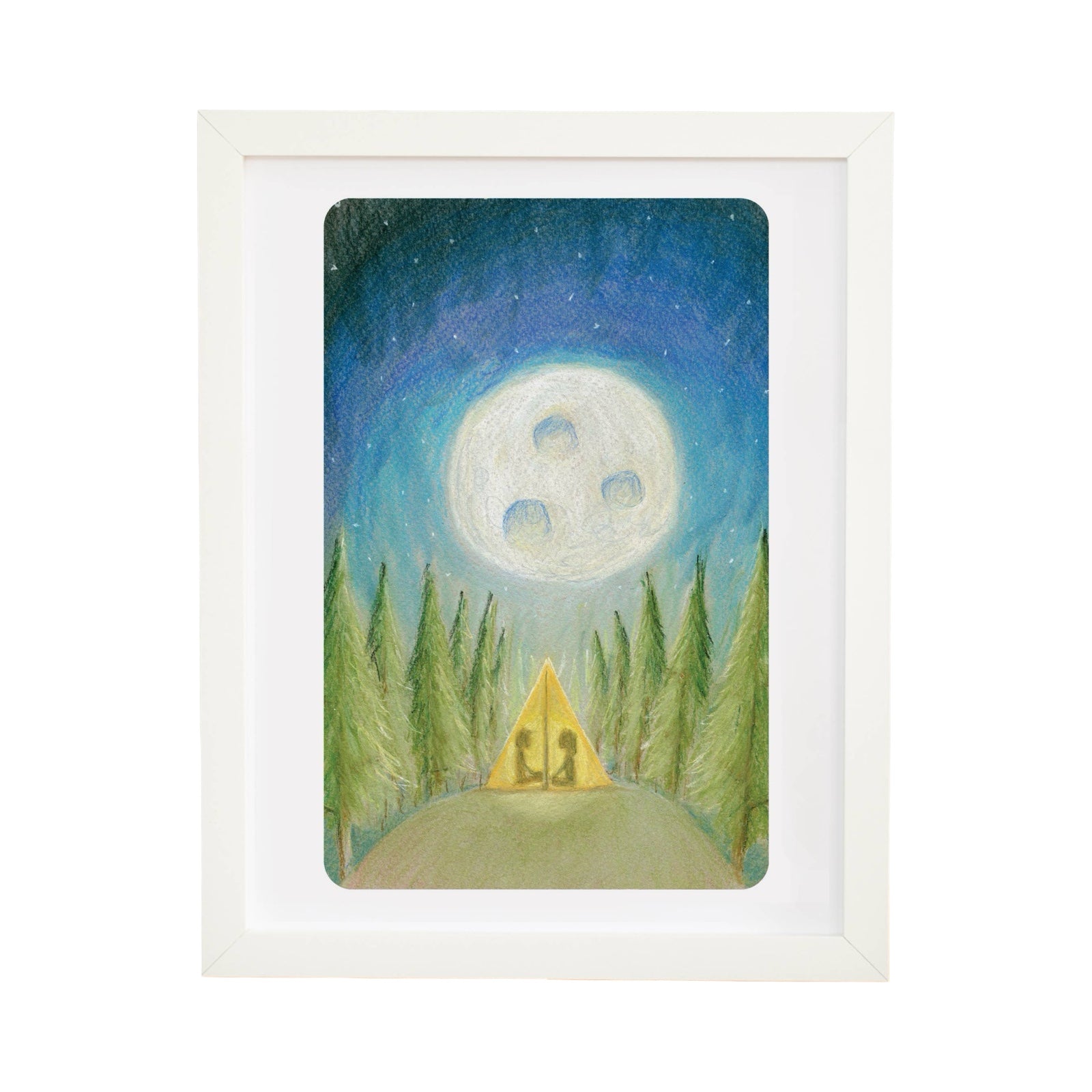 A beautiful print of a couple of children in a yellow tent camping out in the woods under the moon. 