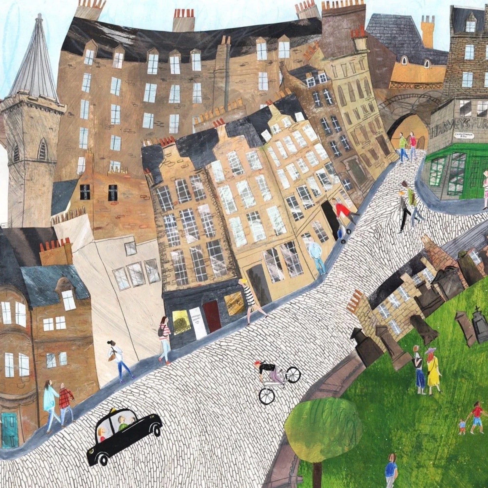 Illustration of a Edinburgh town with cobblestone streets and historic buildings.