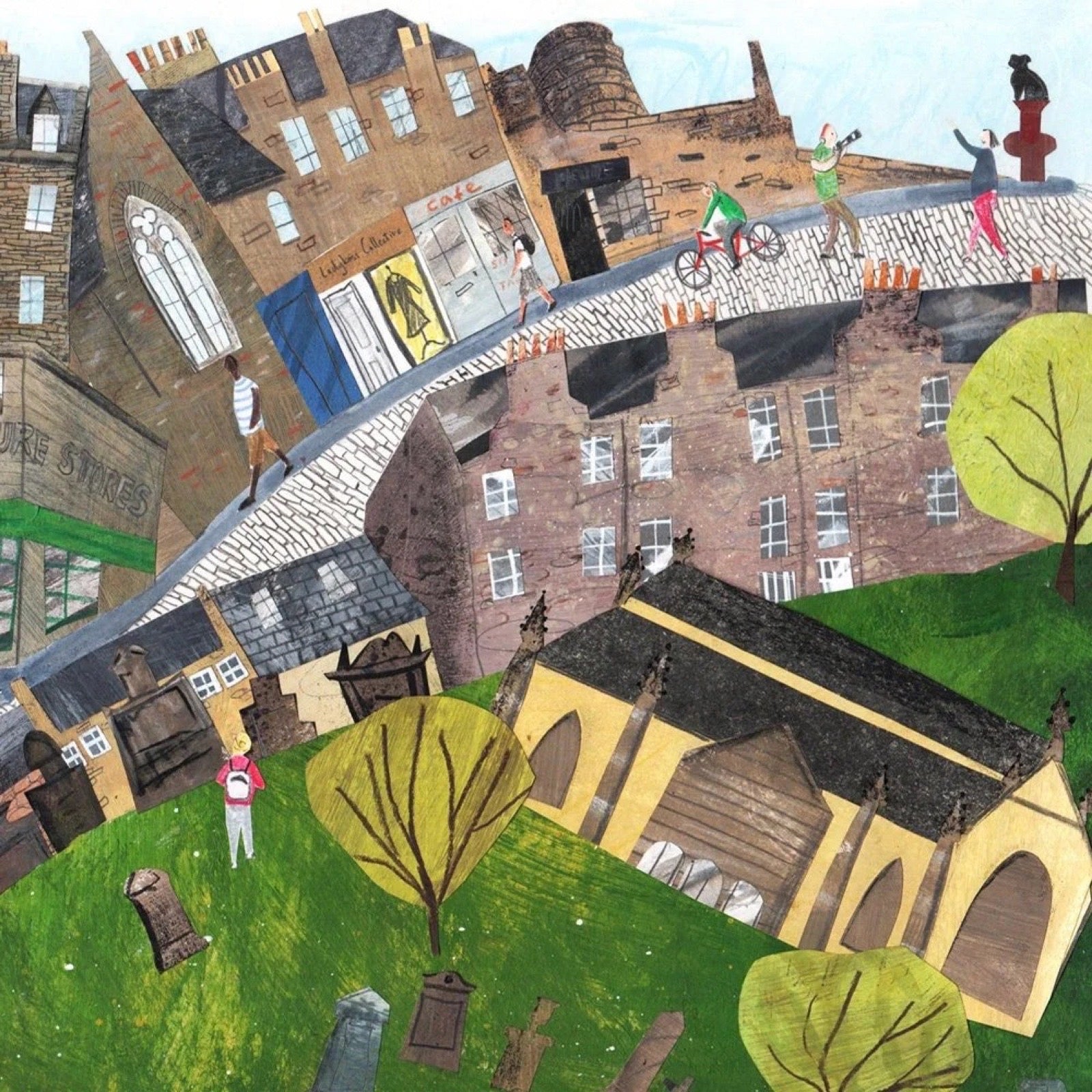 Illustration of a street in Edinburgh with buildings, people, and greenery.